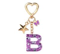 JSRQT Cute Purple Keyring Initial Letter Keychain, Butterfly Star Sequins Resin Alphabet B Letter Keyrings, Handmade Key Chains Tassel Poms, Sparkly Pendants for Bag Charm Gift