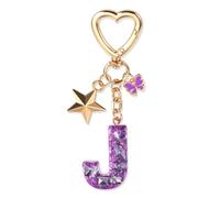 JSRQT Cute Purple Keyring Initial Letter Keychain, Butterfly Star Sequins Resin Alphabet J Letter Keyrings, Handmade Key Chains Tassel Poms, Sparkly Pendants for Bag Charm Gift