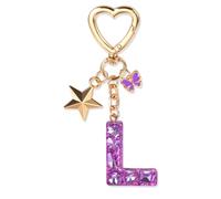 JSRQT Cute Purple Keyring Initial Letter Keychain, Butterfly Star Sequins Resin Alphabet L Letter Keyrings, Handmade Key Chains Tassel Poms, Sparkly Pendants for Bag Charm Gift