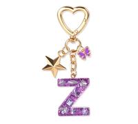 JSRQT Cute Purple Keyring Initial Letter Keychain, Butterfly Star Sequins Resin Alphabet Z Letter Keyrings, Handmade Key Chains Tassel Poms, Sparkly Pendants for Bag Charm Gift