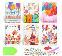 JSRQT Diamond Art Cards 6 Packs Diamond Art Birthday Cards 5D DIY Making Kits for Adults Handmade Postcard Gift Greeting Card Happy Birthday Card for Friends Family Lovers Crystal Gem with Envelope