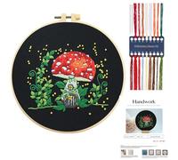 JSRQT Embroidery Starter Kit for Adults Beginners,Handmade Sewing Art Craft with Red Mushroom House Pattern,Full Range of Cross Stitch Stamped Kit