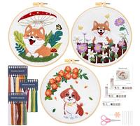 JSRQT Embroidery Starter Kit for Beginners Adults, Puppy Stamped Cross Stitch Starter Kit with Flower Pattern for Craft Lovers, Handmade Needlepoint Embroidery with Tool, Instructions, for Home Decor