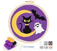 JSRQT Halloween Punch Needle Starter Kit for Beginners, Black Cat and Ghost Pattern Stamped Cross Stitch Rug Hooking Beginners Kit, DIY Craft Handmade Punch Needle Embroidery Set, for Party Home Decor