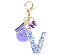 JSRQT Handmade Letter Keyring Alphabet Initial V Butterfly Purple Resin Name Keychain Personalized Bag Charm Lovely Ideal Cute Key Ring for Women Daughters Door Car Handbag Backpack Gift Decor