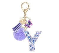 JSRQT Handmade Letter Keyring Alphabet Initial Y Butterfly Purple Resin Name Keychain Ideal Cute Bag Charm Personalized Bling Fashion Key Ring for Women Daughters Door Car Handbag Backpack Gift Decor