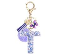 JSRQT Handmade Letter Keyring Initial T Butterfly Purple Resin Name Alphabet Keychain Personalized Bag Charm Lovely Ideal Decor Cute Key Ring for Women Daughters Door Car Handbag Backpack Gift