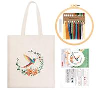 JSRQT Hummingbird Canvas Tote Bag Embroidery Kit, Flower Stamped Cross Stitch Starter Kit for Beginners Adults, DIY Handmade Needlepoint Craft with Tools, Instructions, Needle and Thread, Beige