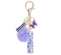 JSRQT Keyrings for Women Cute Purple Initial Letter Keychain Butterfly Sequins Resin Alphabet Letter Keyrings Tassel Poms Pendants Car Door Key Chains Ring Bag Charms for Womens Handbags Gift Decor