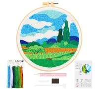JSRQT Landscape Punch Needle Embroidery Kit, Stamped Cross Stitch Rug Hook Beginners Kit for Adults Kids, DIY Art Handmade Craft Embroidery Set with Tool and Instruction, for Home Decor