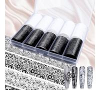 JSRQT Nail Foils Transfer Sticker, Lace Nail Foil Glue White Black Flower, 10 Rolls Foil Wraps Art Stickers Decals, Self-Adhesive Transfer Sticker for Women, DIY Starry Sky Manicure Decoration