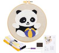 JSRQT Panda Punch Needle Embroidery Starter Kits,Rug Hooking Embroidery Beginner Kit for Kids and Adults Beginner, Punch Needle Tool Set with Fabric, Sewing Needles, Yarns and Hoops