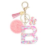 JSRQT Pink Initial Letter Keychain B for Women Girls, Flower Sequins Resin Alphabet Letter Keyrings with Flower Tassel Poms Pendants, Cute Fashion Bag Charm Car Key Chains for Handbags Backpack Decor