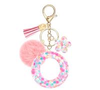 JSRQT Pink Initial Letter Keychain O for Women Girls, Flower Sequins Resin Alphabet Letter Keyrings with Flower Tassel Poms Pendants, Cute Fashion Bag Charm Car Key Chains for Handbags Backpack Decor