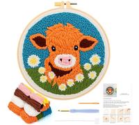 JSRQT Punch Needle Embroidery Starter Kits,Cute Cartoon Cow Rug Hooking Kit for Beginners and Adults,Handcraft Punch Needle Kits with Embroidery Hoops,Festival Gift and Decoration