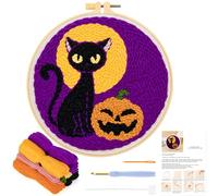 JSRQT Punch Needle Embroidery Starter Kits for Adults Beginners,Halloween DIY Handcraft Embroidery Starter Kits,Rug Hooking Beginner Kit with Black Cat Pumpkin Pattern