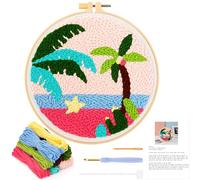 JSRQT Punch Needle Embroidery Starter Kits,Rug Hooking Kit for Adult and Beginners,Handcraft Punch Needle Fabric Kit with Threader, Yarns and Embroidery Hoops,Beach Scenery