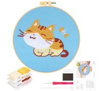 JSRQT Punch Needle Embroidery Starter Kits , Sleep and Eat Cat Handcraft Punch Needle Kits for Kids and Beginner, Punch Needle Yarn Rug Accessories Tool Set