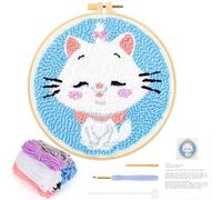 JSRQT Punch Needle Starter Kits,DIY Embroidery Starter Kits,Rug Hooking Beginner Kit for Adults Beginner, DIY Handcraft Embroidery Kits with White Cat Pattern