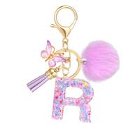 JSRQT Resin Initial Letter R Keychain,Fashion Purple Alphabet Key Chain with Butterfly Tassel Pendant,Snowflake Sequins Car Key Ring Accessories for Women Girls Bag Charms Decor