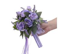 JstDoit Bridal Bouquet for Brides Bridesmaids, Wedding Bouquets with Ribbon Holding Flowers Artificial Rose Flowers for Wedding Valentine's Day Church Party