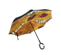 JSTEL Double Layer Inverted Van Gogh Sunflower Umbrella Cars Reverse Windproof Rain Umbrella for Car Outdoor With C Shaped Handle