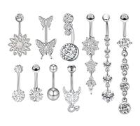 JSTHHTT 10 Pcs Belly Button Bars Belly Bars Set, Belly Button Rings Belly Button Piercing, Barbell Navel Bars Piercing Jewelry, Flower Butterfly Dangly Belly Button Bars, Navel Bars Set for Women