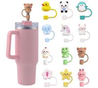 JSTHHTT 12Pcs Stanley Straw Cover Cap, 10mm Dust-Proof Silicone Straw Toppers, Reusable Straws Cover Cap for Stanley Cup, Straw Toppers Mixed Animals, Suitable for 30oz & 40oz Straw Lid Covers