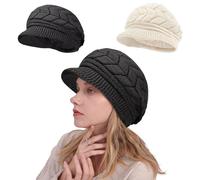 JSTHHTT 2PCS Knit Hats for Women, Plush Lined Ladies Beret Hat, Warm Knitted Hat, Thermal Autumn Winter Hats, Women Winter Knit Visor Hat Black