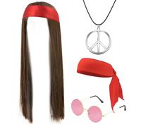 JSTHHTT 4Pcs Hippie Costume Set 60s/70s/80s, Hippie Costume Accessories, Hippie Costume, Hippie Costumes Hippie, Mens Wigs, 60/70s Costume Accessories, Disco Style Fancy Dress for Men Women