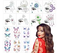 JSTHHTT 8 PCS Face Gems Glitter and 6 PCS Temporary Butterfly Tattoos, Rhinestone Face Glitter, Festival Face Stickers Set, Temporary Tattoos, for Halloween Party, Rave Festival