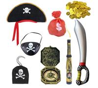 JSTHHTT 8-Piece Pirate Costume Accessories Set, Pirate Hat, Eye Patch, Hook, Sword, Compass, Telescope, Money Bag & Coins for Kids, Boys & Girls, Halloween, Party, Cosplay
