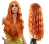 JSTHHTT Long Curly Wavy Orange Wig, 65 cm Middle Parting Curly Wig, Natural Synthetic Wavy Wigs, Women, Natural Heat Resistant, Women's Curls Wavy Wig for Parties Daily