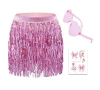 JSTHHTT Sequin Skirt for Women, Belly Dance Skirt, Costume Sequin Tassel Fringe Hip Scarf Belt Waist Wrap Skirt, Rave Costume Outfit, Sparkly Skirts Glitter Skirts for Women Girls Festival Street Club