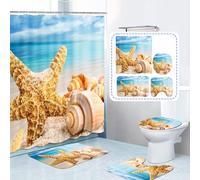 JStnana 4 Piece Summer Beach Shower Curtain Set with Bath Rug, Bath Mat and Toilet Mat Set, Blue Seashell Starfish Seaside Scene Shower Curtain with 12 Hooks for Bathroom Wet Room Decor (Style 4)