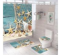 JStnana 4 Piece Summer Beach Shower Curtain Set with Bath Rug, Bath Mat and Toilet Mat Set, Blue Seashell Starfish Seaside Scene Shower Curtain with 12 Hooks for Bathroom Wet Room Decor (Style 2)