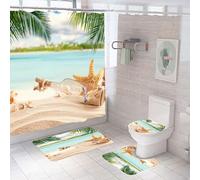 JStnana 4 Piece Summer Beach Shower Curtain Set with Bath Rug, Bath Mat and Toilet Mat Set, Blue Seashell Starfish Seaside Scene Shower Curtain with 12 Hooks for Bathroom Wet Room Decor (Style 1)