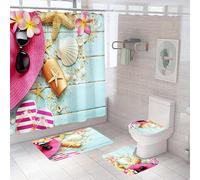 JStnana 4 Piece Summer Beach Shower Curtain Set with Bath Rug, Bath Mat and Toilet Mat Set, Blue Seashell Starfish Seaside Scene Shower Curtain with 12 Hooks for Bathroom Wet Room Decor (Style 8)