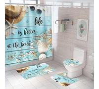 JStnana 4 Piece Summer Beach Shower Curtain Set with Bath Rug, Bath Mat and Toilet Mat Set, Blue Seashell Starfish Seaside Scene Shower Curtain with 12 Hooks for Bathroom Wet Room Decor (Style 6)