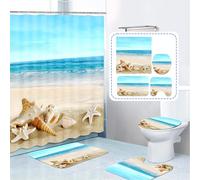 JStnana 4 Piece Summer Beach Shower Curtain Set with Bath Rug, Bath Mat and Toilet Mat Set, Blue Seashell Starfish Seaside Scene Shower Curtain with 12 Hooks for Bathroom Wet Room Decor (Style 3)