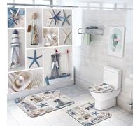 JStnana 4 Piece Summer Beach Shower Curtain Set with Bath Rug, Bath Mat and Toilet Mat Set, Blue Seashell Starfish Seaside Scene Shower Curtain with 12 Hooks for Bathroom Wet Room Decor (Style 5)