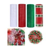JStnana 4 Rolls Deco Mesh Ribbon for Christmas Wreath Making Supplies, 10Inch x 30Ft Metallic Burlap Mesh White Red Green Stripe Deco Mesh Rolls for Christmas Tree New Year Winter Wreath DIY Crafts
