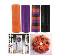 JStnana 4 Rolls Deco Mesh Ribbon for Halloween Wreath Making Supplies, 10Inch x 30Ft Metallic Burlap Orange Purple Black Stripe Deco Mesh Rolls for Thanksgiving Halloween DIY Crafts Wreath Decor