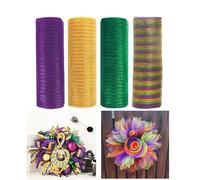 JStnana 4 Rolls Deco Mesh Ribbon for Mardi Gras Wreath Making Supplies, 10Inch x 30Ft Metallic Burlap Mesh Purple Gold Green Stripe Deco Mesh Rolls for Mardi Gras Carnival Masquerade DIY Crafts