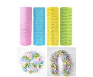 JStnana 4 Rolls Deco Mesh Ribbon for Spring Easter Wreath Making Supplies, 10Inch x 30Ft Metallic Burlap Mesh Pink Blue Yellow Green Deco Mesh Rolls for Easter Spring DIY Crafts Wreath Swag Decor