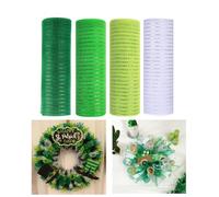 JStnana 4 Rolls Deco Mesh Ribbon for St Patricks Day Wreath Making Supplies, 10Inch x 30Ft Metallic Burlap Mesh White Green Deco Mesh Rolls for Spring Saint Patricks Day Decorations Wreath Swag