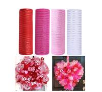 JStnana 4 Rolls Deco Mesh Ribbon for Valentines Day Wreath Making Supplies, 10Inch x 30Ft Metallic Burlap Mesh White Pink Red Deco Mesh Rolls for Spring Wedding DIY Crafts Wreaths Swags Decorating
