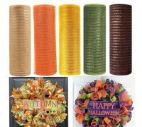 JStnana 5 Rolls Autumn Mesh Ribbon for Wreath, 10 Inch x 30FT Per Roll Metallic Foil Deco Mesh Rolls Natural Orange Gold Green Brown Decorative Mesh for Fall Thanksgiving Halloween Home Party Decor