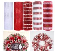 JStnana 5 Rolls Christmas Mesh Ribbon for Wreath, 10 Inch x 30FT Per Roll Metallic Foil Deco Mesh Rolls Red White Stripe Snowball DecorativeMesh for Christmas Tree Winter Holiday Wreath Party Decor