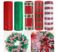 JStnana 5 Rolls Christmas Mesh Ribbon for Wreath, 10 Inch x 30FT Per Roll Metallic Foil Deco Mesh Rolls Red White Green Stripe Decorative Ribbon for Christmas Tree Winter Holiday Wreath Party Decor